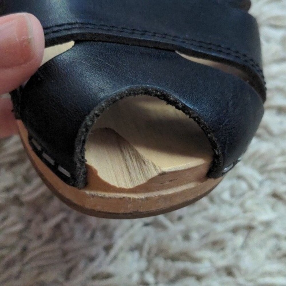 Swedish Hasbeens Black Leather Peep-Toe Slingback Cork Sandals - Picture 13 of 14